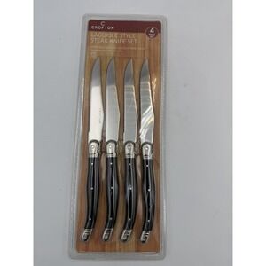 Crofton Laguiole Style Steak Knife Set 4 Pc Stainless Steel Black Handle New
